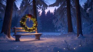 Winter Bench with Festive Wreath in Snowy Forest Landscape photo