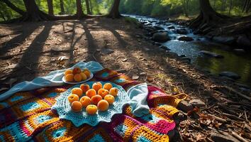 Apricots on Blanket by Forest Stream Fresh Outdoor Picnic Scene photo