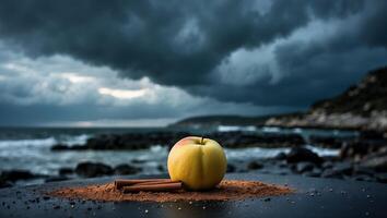 Apple with Cinnamon at the Beach Under Dramatic Cloudy Skies photo