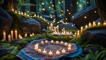Candles Burning Brightly in Forest Setting with Soft Ambient Lighting photo