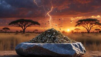 Seeds on Stone Under Lightning Strikes with Savannah Landscape Sunset photo