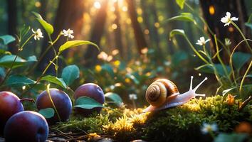 Snail Crawling on Moss with Plums in Forest Sunlight photo