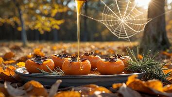 Pouring Syrup on Persimmon Dessert with Autumn Leaves Background photo