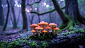 Mushroom Cluster Growing on Mossy Log in a Mystical Forest Setting photo