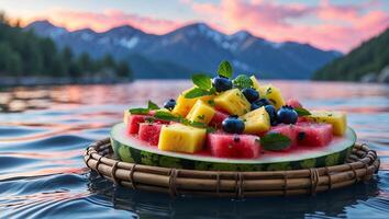 Floating Fruit Salad with Watermelon Pineapple and Blueberries on Lake photo