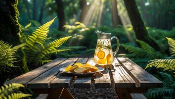 Preparing Lemonade on Picnic Table in Forest with Sun Rays photo