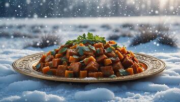 Winter Comfort Food Roasted Sweet Potatoes with Herbs on Snowy Surface photo