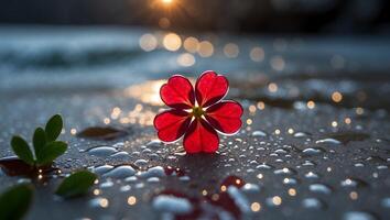 Red Flower Resting on Wet Surface with Bokeh Lights Behind photo