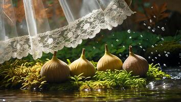 Figs Displayed Near Flowing Water and Lace Fabric in Natural Setting photo