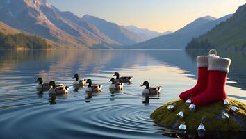 Ducks Swim in Serene Lake with Christmas Stockings on Island photo