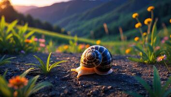 Snail Crawling on Path in Meadow at Sunset with Green Hills photo
