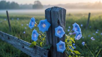 Blue Morning Glories Blooming on Rustic Fence in Peaceful Meadow photo