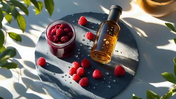 Raspberries with Jam and Oil Bottle Still Life Composition photo