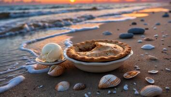 Serving Pie and Ice Cream on Beach at Sunset with Seashells photo