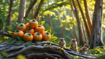 Squirrels with Pile of Persimmons on Log in Forest Scene photo