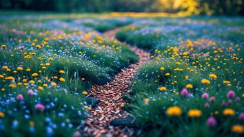 Path Through a Wildflower Meadow with Lush Green Grass Landscape photo
