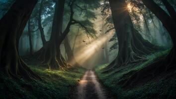 Walking Along a Path in a Forest with Sunlight and Fog photo