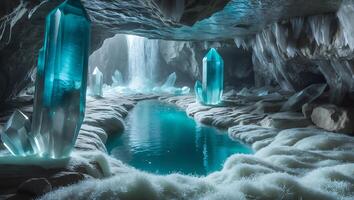 Exploring Crystal Cave with Waterfall and Reflective Pool of Water photo
