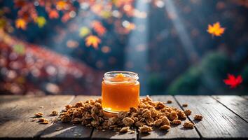 Jar of Orange Spread with Granola on a Rustic Wood Table photo