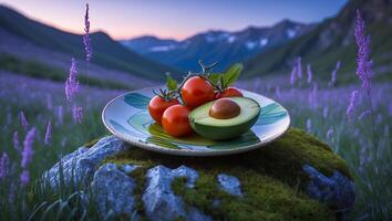Enjoying Fresh Avocado and Tomatoes on a Plate in Nature Setting photo