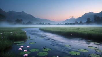 Flowing Stream Through Misty Valley at Dusk with Water Lilies photo