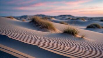 Exploring Sand Dunes at Sunset with Grass and Textured Patterns photo