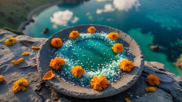 Flower Ring with Water and Sea View Background for Relaxation photo
