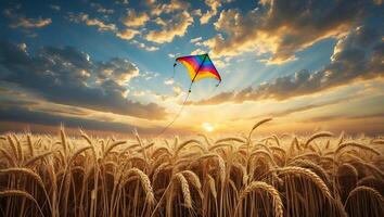 Flying Kite Over Wheat Field at Sunset with Dramatic Sky photo