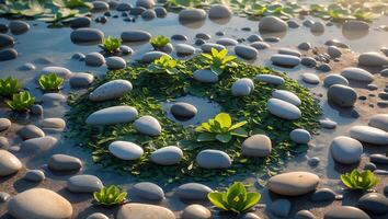 Pebbles and Greenery in Shallow Water Creating a Zen Garden Scene photo