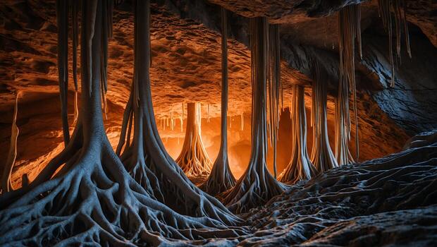 Exploring an Underground Cave with Stalactites and Root-like Formations photo