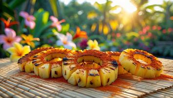 Grilled Pineapple Rings with Spice on Bamboo Mat Under Bright Sunlight photo