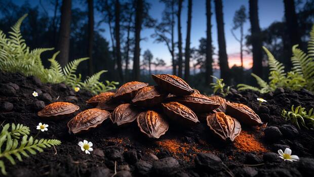 Cacao Pods Resting on Soil Surrounded by Lush Forest Scenery photo