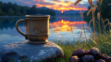 Rustic Mug and Dates by Calm Lake at Sunset with Reflections photo