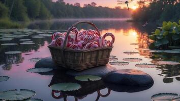 Candy Canes in Basket on Rocks Reflecting in Calm Lake at Sunset photo