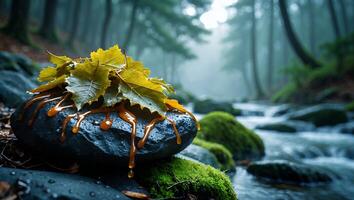 River Rock Adorned with Autumn Leaves and Dripping Caramel photo