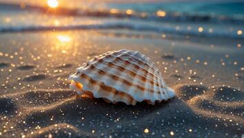 Seashell on Sand Beach at Sunset with Sparkling Water photo