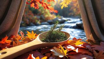 Autumn Leaves with Herbs in Wooden Spoon and Flowing River photo