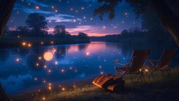 Relaxing Chairs by Riverbank Under Magical Night Sky Landscape photo