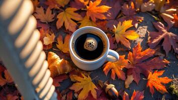 Enjoying Coffee and Croissant Outdoors Surrounded by Colorful Autumn Leaves photo