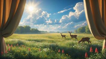 Deer Grazing in Meadow Seen Through Window with Sunlight and Clouds photo