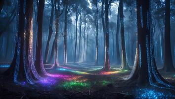 Enchanting Forest with Colorful Light Streaks and Ethereal Glow photo