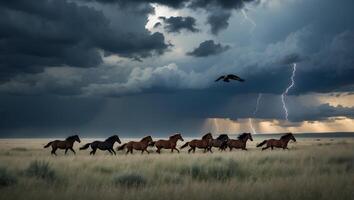 Horses Running Across Field During Storm with Dramatic Sky and Lightning photo