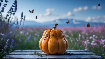 Pumpkin Displayed on Wooden Surface in a Lavender and Butterfly Field photo