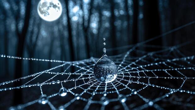 Water Drop Suspended on Spider Web at Night with Moon photo
