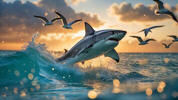 Great White Shark Breaching Ocean Wave with Seagulls at Sunset photo