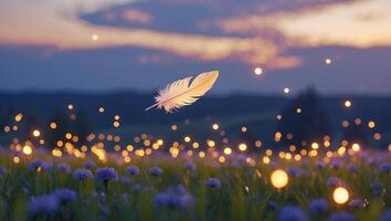Feather Floating Over Meadow with Flowers and Bokeh Lights at Twilight photo