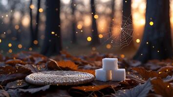 Sugar Cubes and Woven Mat Amidst Autumn Leaves in a Forest Setting photo