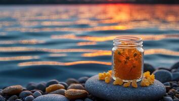 Jar with Orange Filling on Rocks Against Lake at Sunset photo