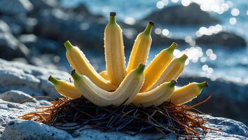 Banana Cluster on Rock Near Sparkling Ocean Water with Seaweed Nest photo