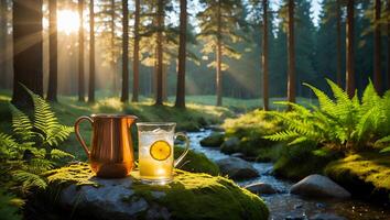 Lemonade on Mossy Rock in Forest with Bright Sunlight Filtering Through photo